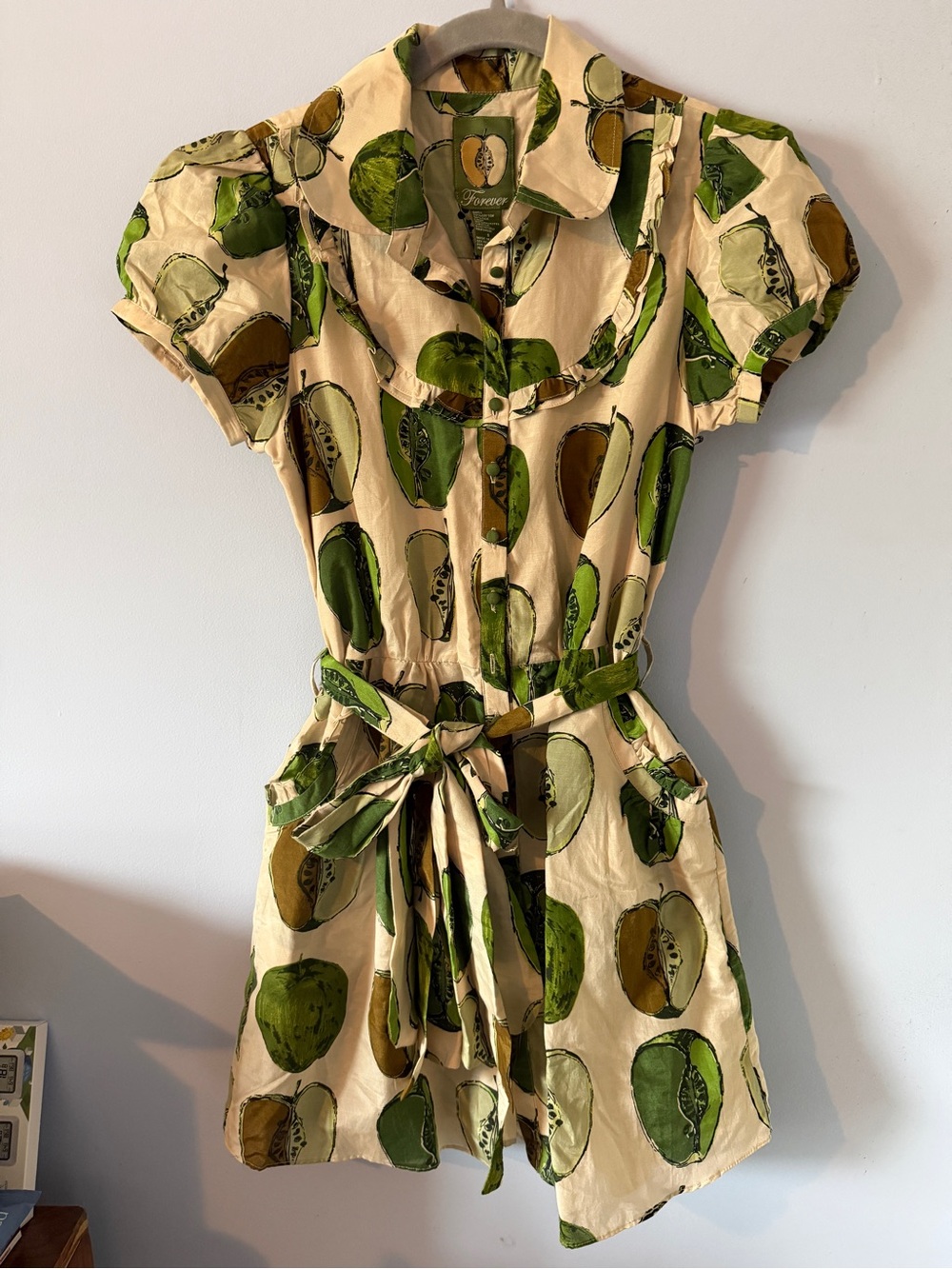Vintage Inspired Cream Shirt Dress with Green & Olive Apple Print